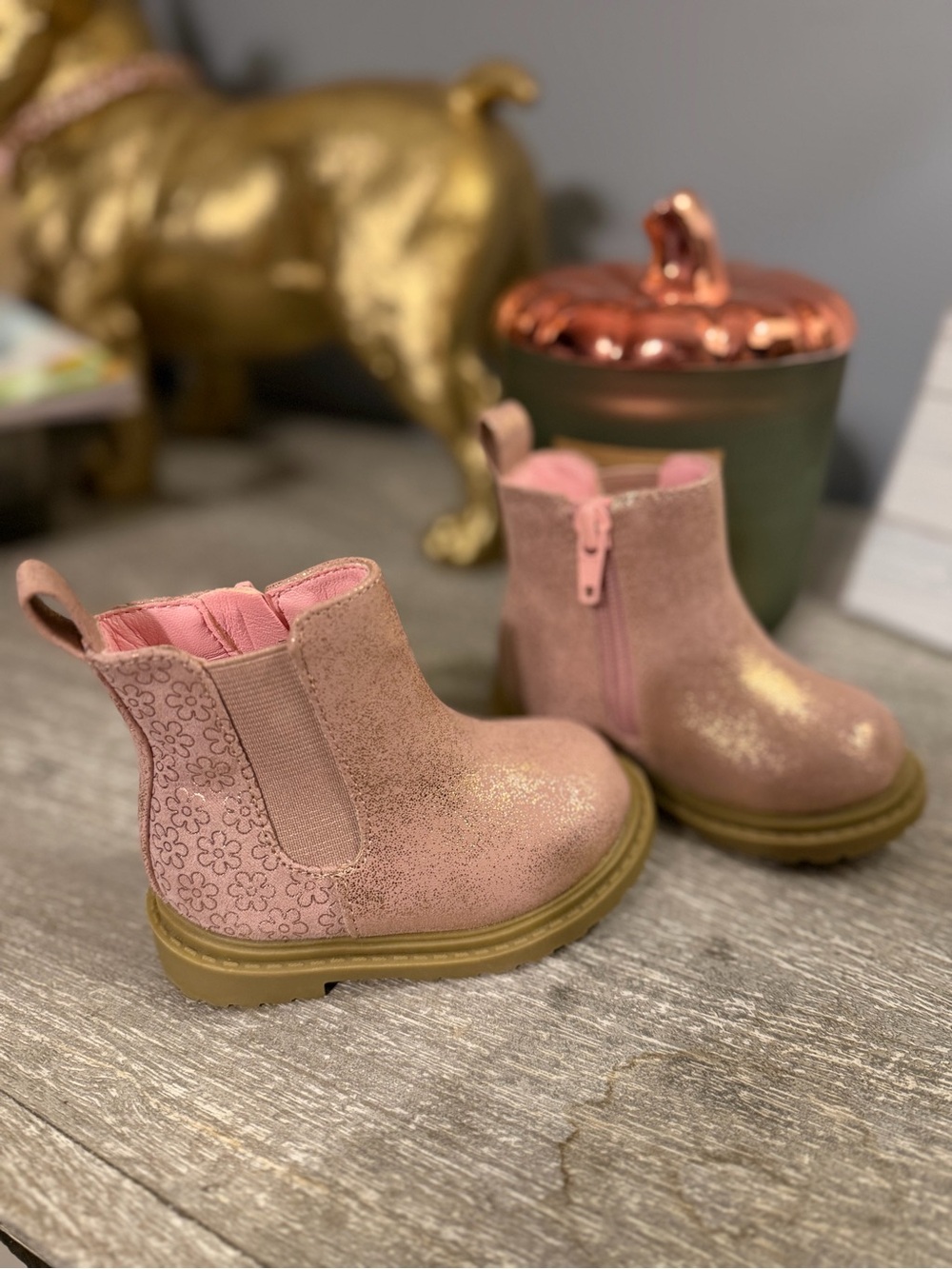 wonder nation Pink Glitter Chelsea Boots with Floral Side Detail